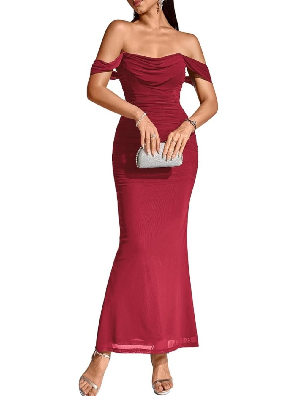 Women's Wine Corset Ruched Off The Shoulder Bodycon Cocktail Maxi Dress